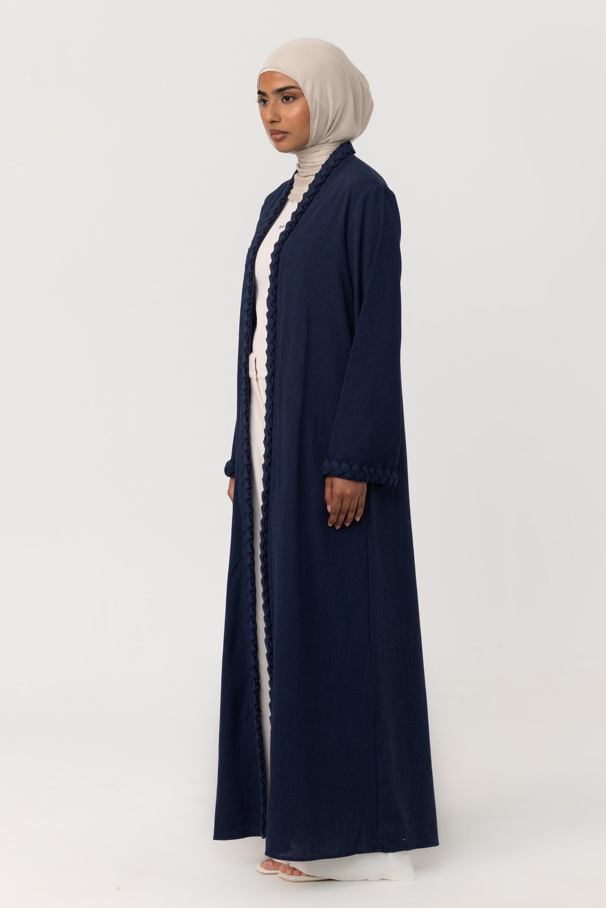 Braided Open Abaya - Navy