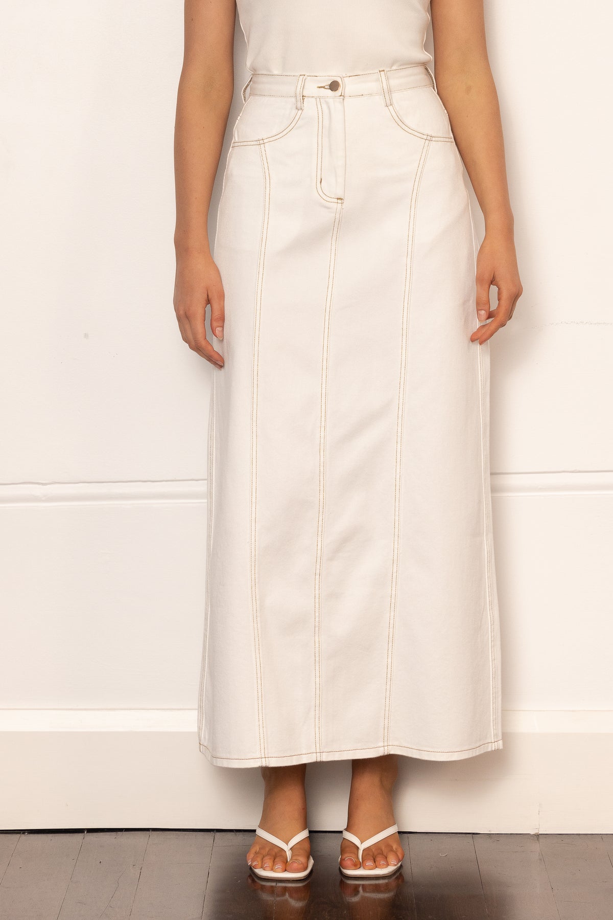 Denim Panelled Skirt - White