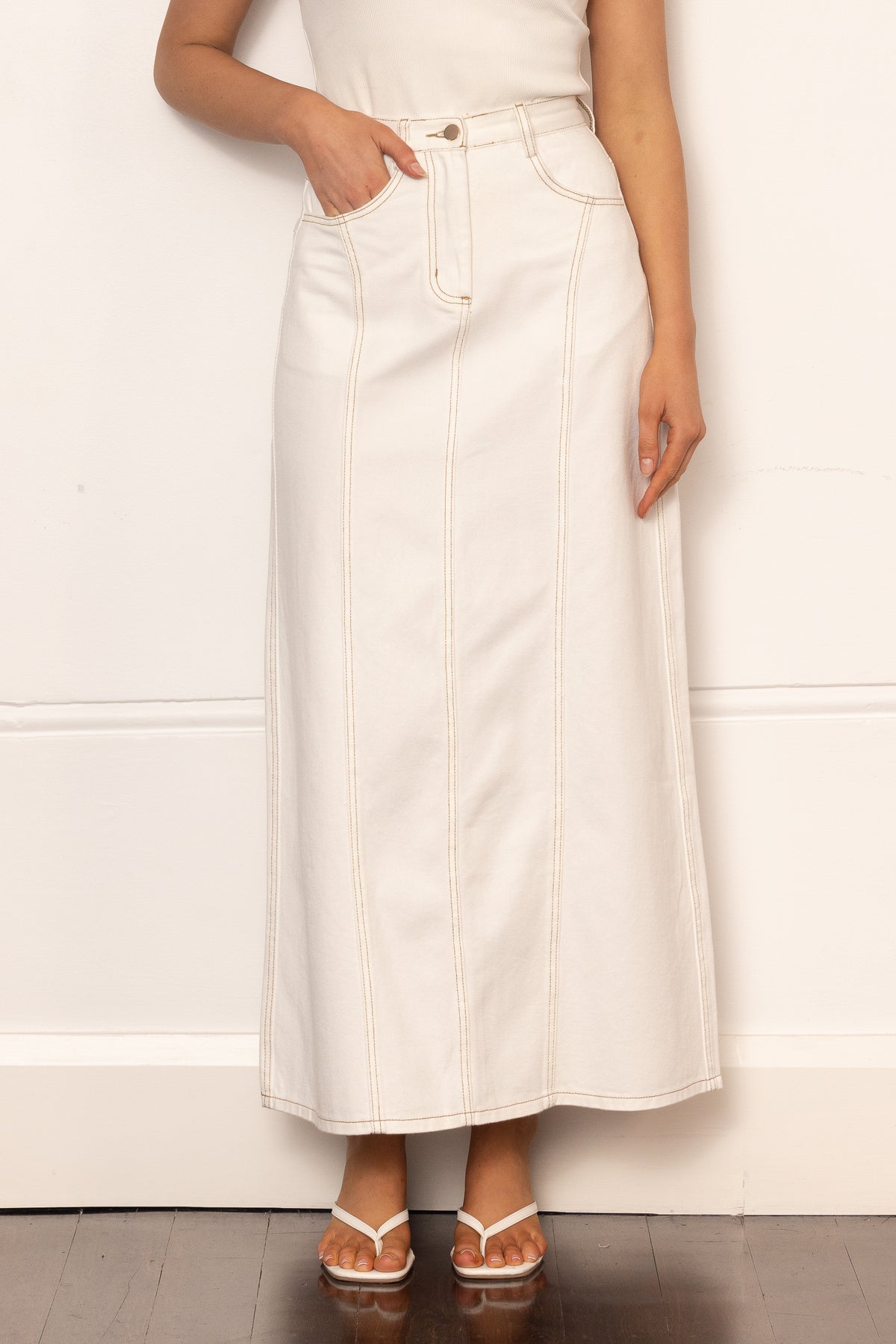 Denim Panelled Skirt - White