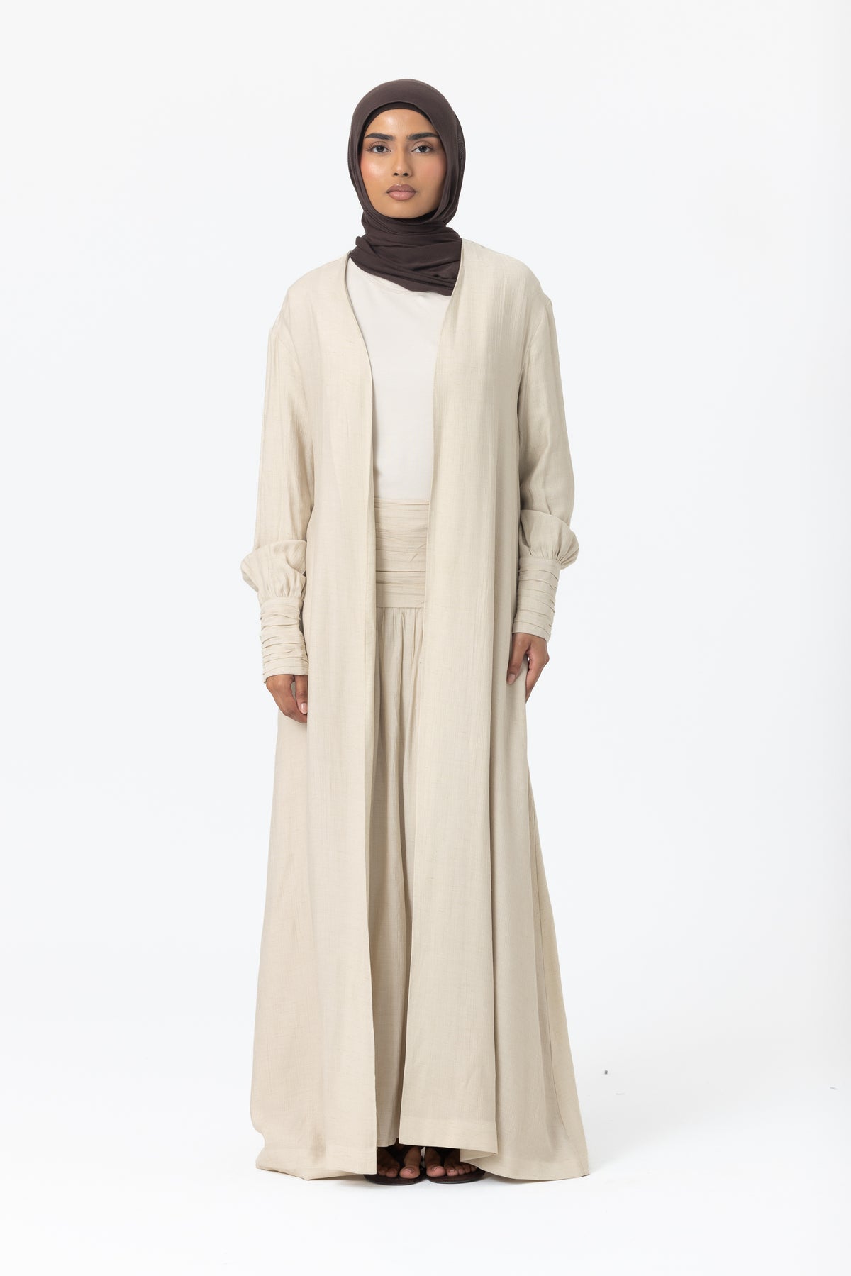 Noelle Ruched Open Abaya - Sand