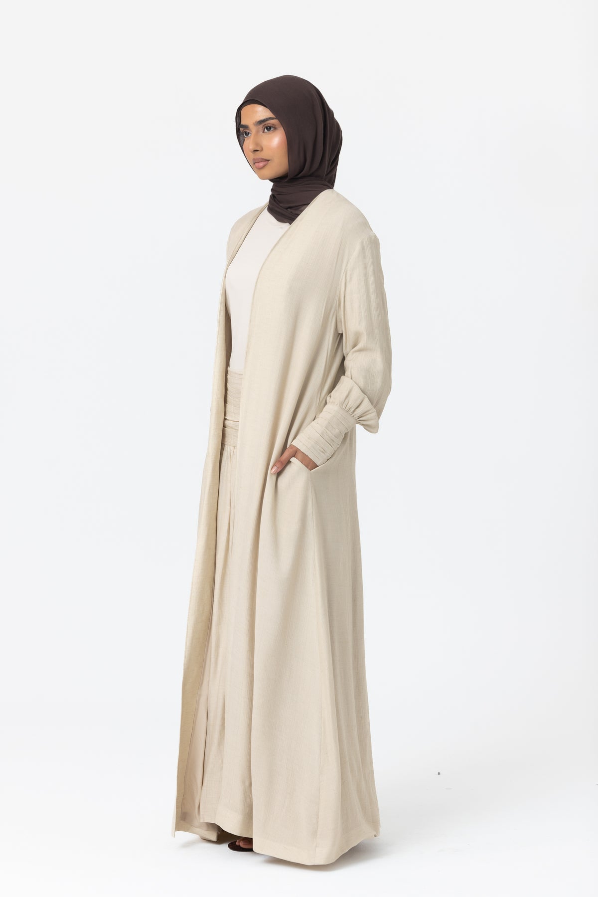 Noelle Ruched Open Abaya - Sand