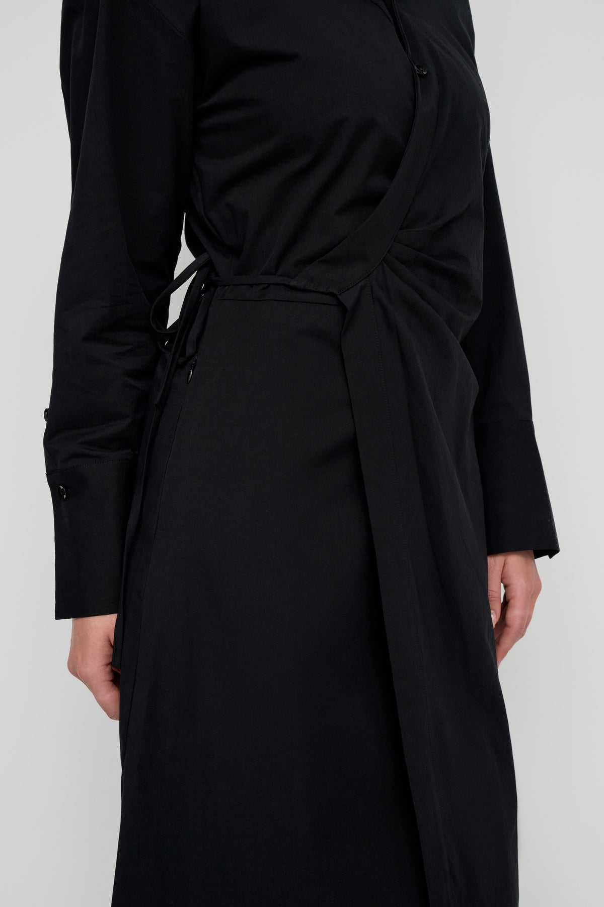 Asymmetric Poplin Wrap Dress - Black