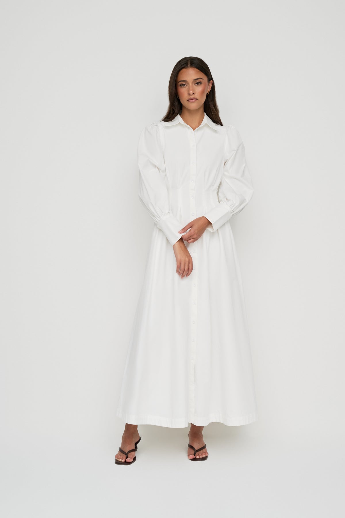 Waist Pleat Cotton Shirt Dress - White