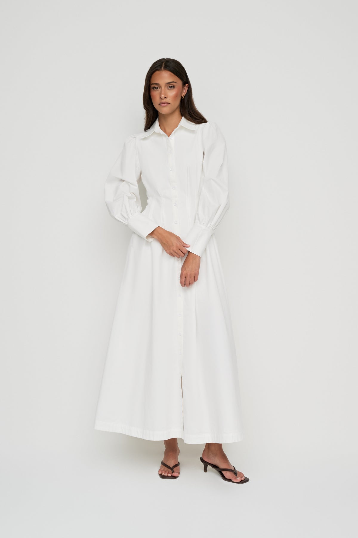 Waist Pleat Cotton Shirt Dress - White