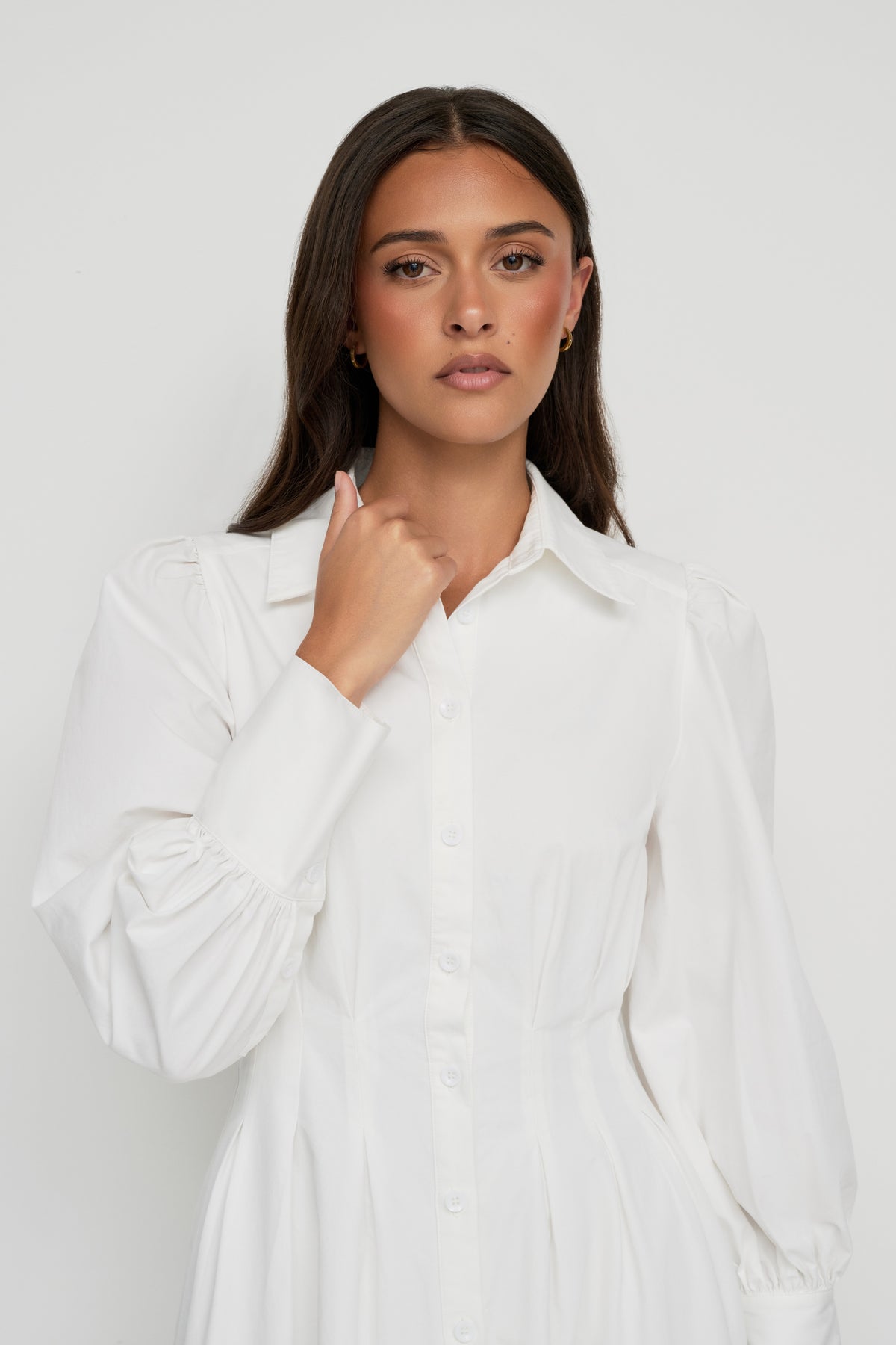 Waist Pleat Cotton Shirt Dress - White