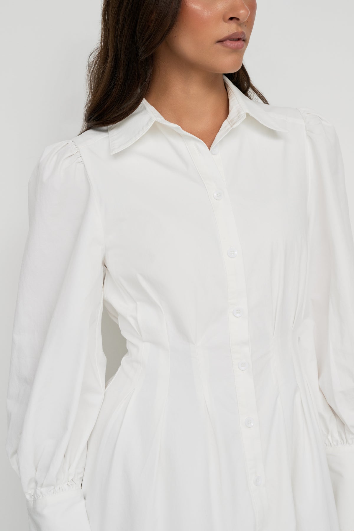 Waist Pleat Cotton Shirt Dress - White