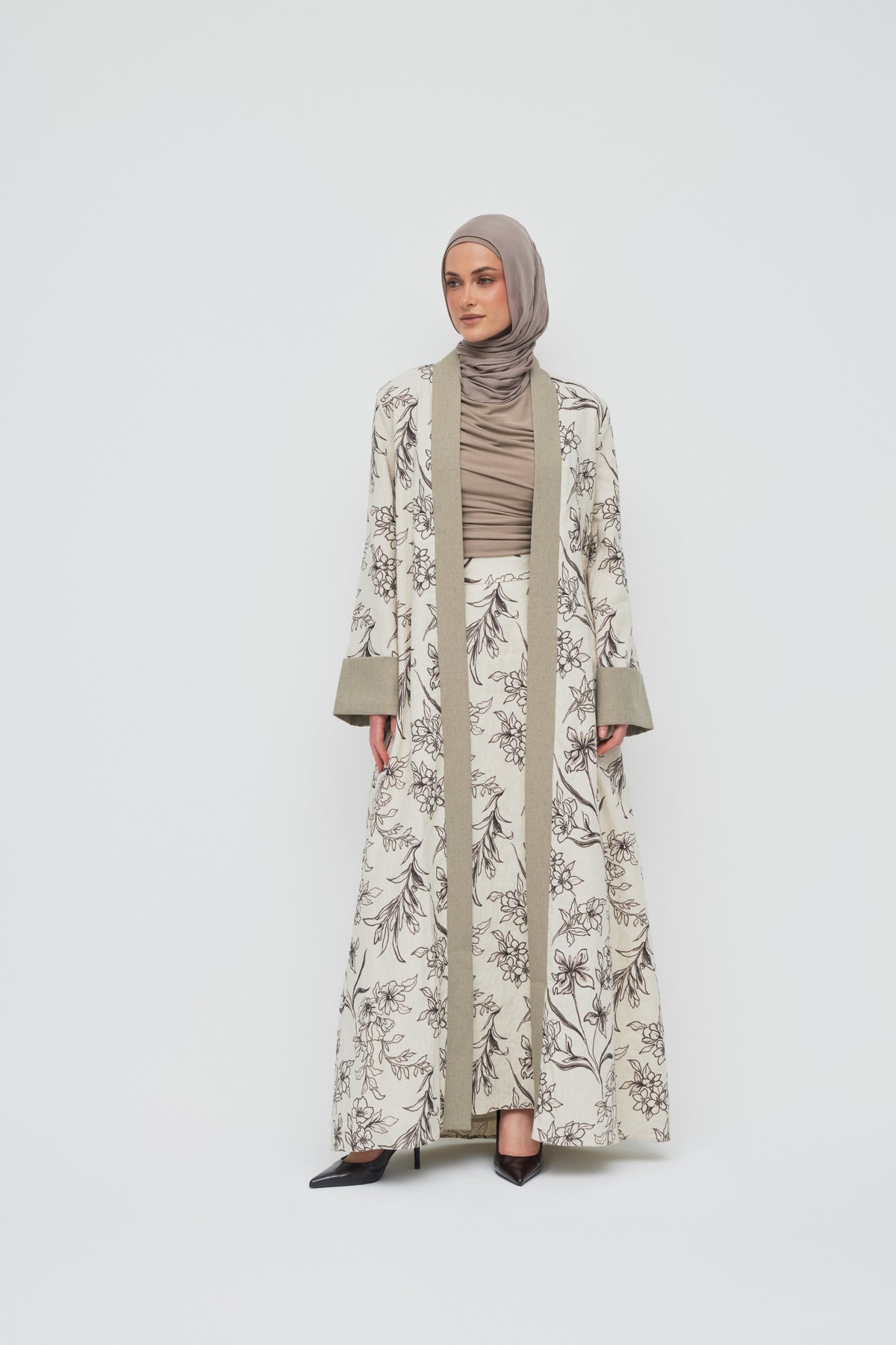 Floral Linen Open Abaya - Natural