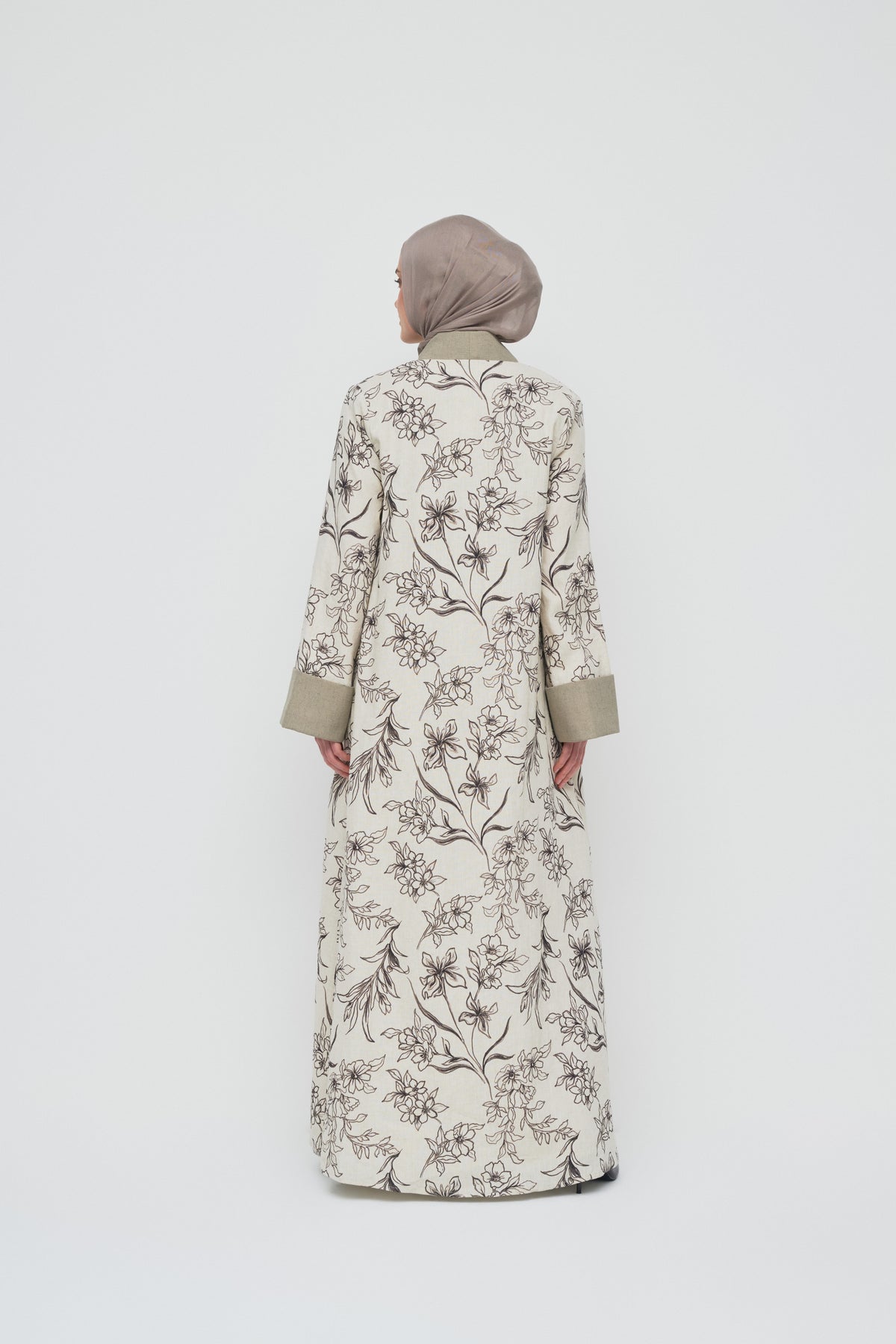 Floral Linen Open Abaya - Natural
