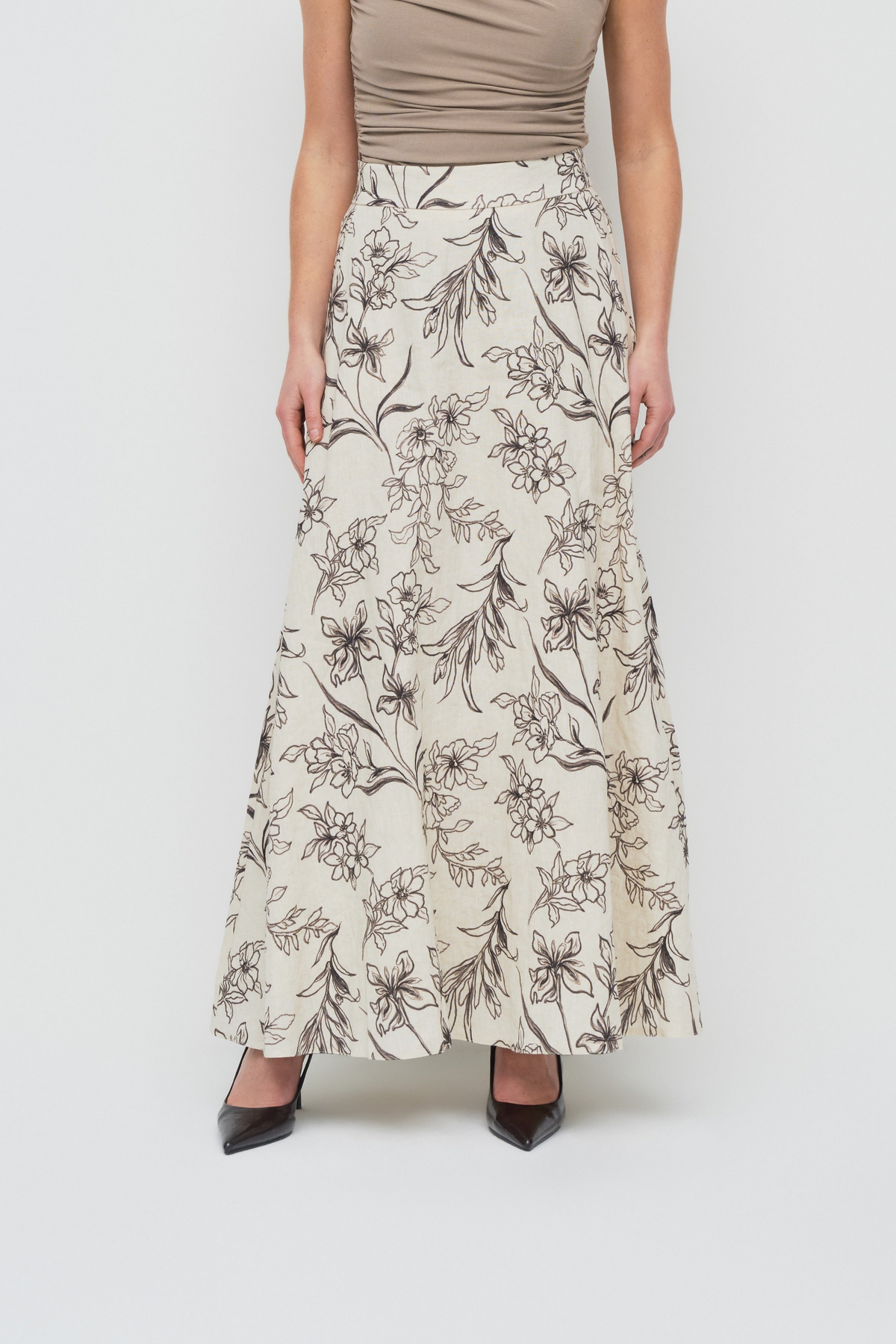 Floral Linen Maxi Skirt - Natural