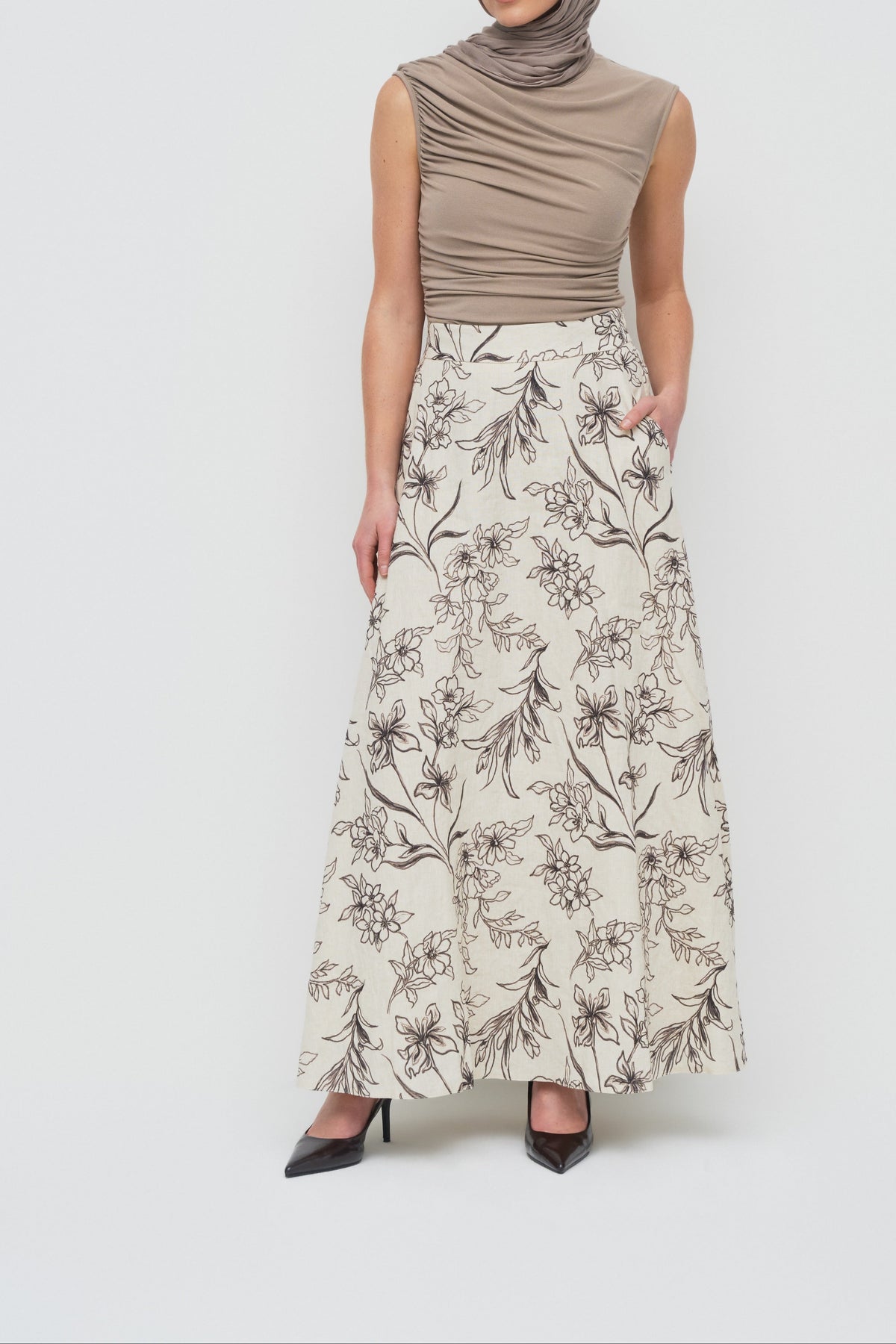 Floral Linen Maxi Skirt - Natural