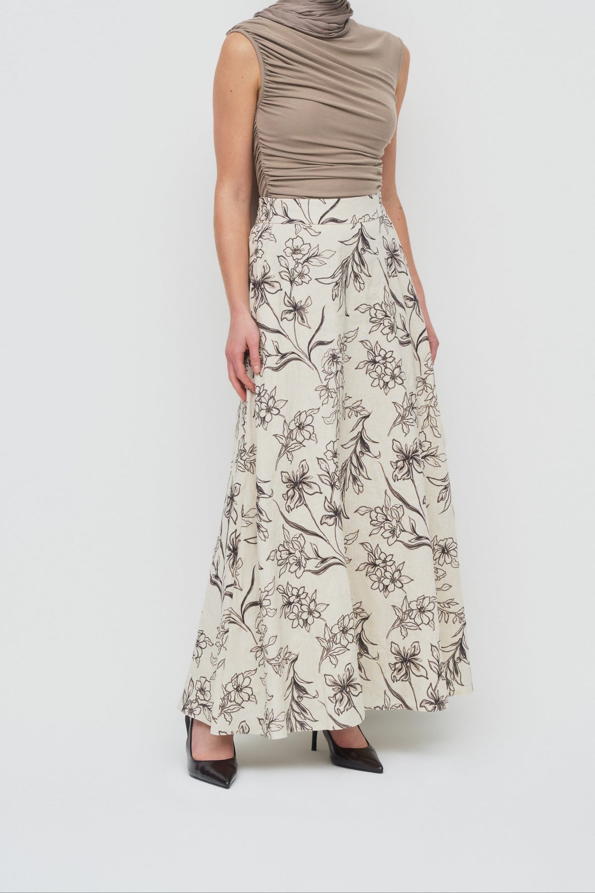Floral Linen Maxi Skirt - Natural