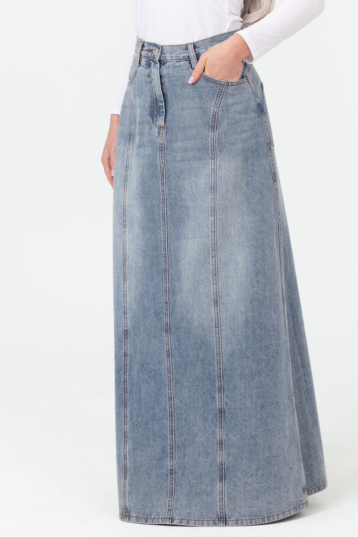 Denim Panelled Skirt - Light Wash