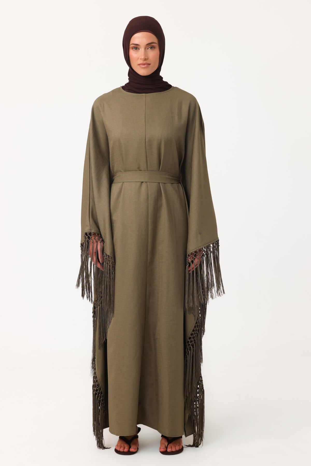 Fringed Batwing Abaya - Dark Olive