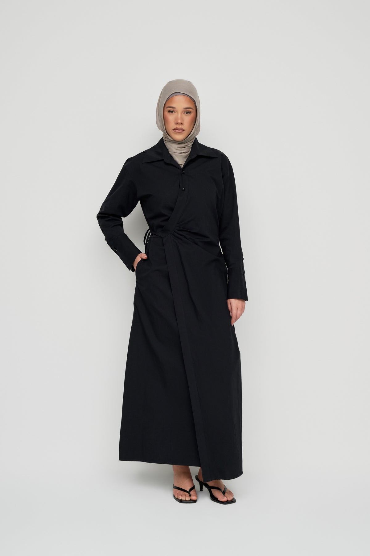 Asymmetric Poplin Wrap Dress - Black