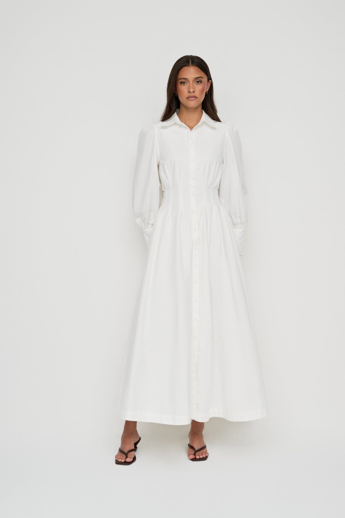 Waist Pleat Cotton Shirt Dress - White