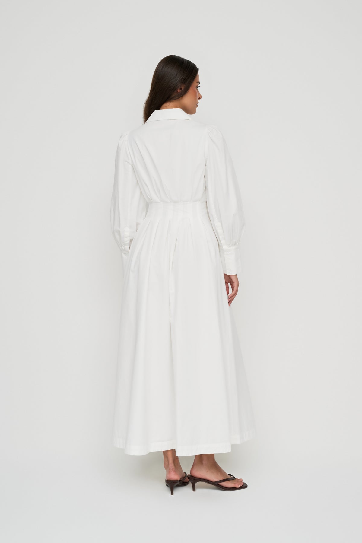Waist Pleat Cotton Shirt Dress - White