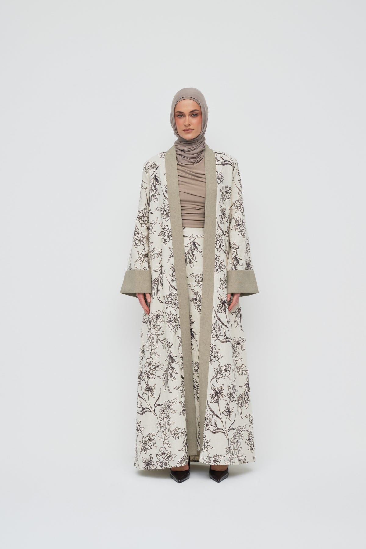 Floral Linen Open Abaya - Natural
