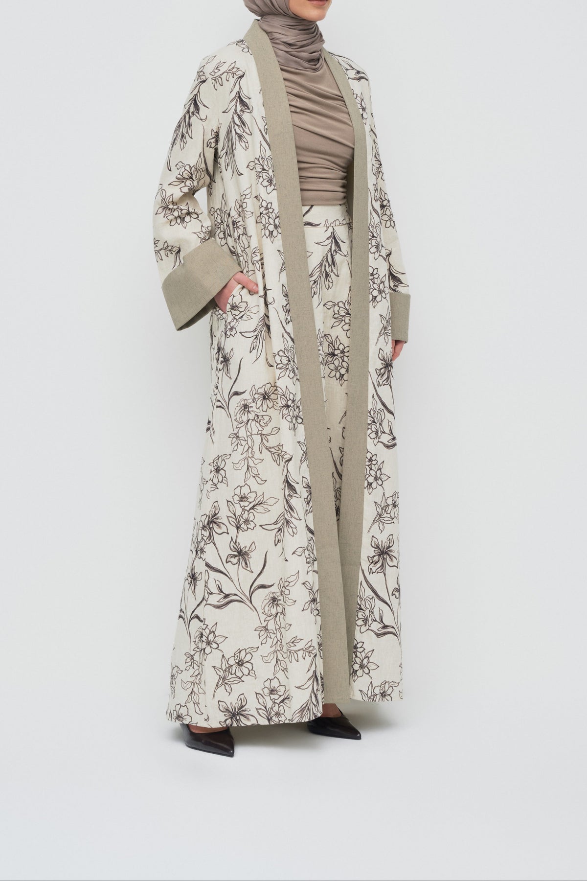 Floral Linen Open Abaya - Natural