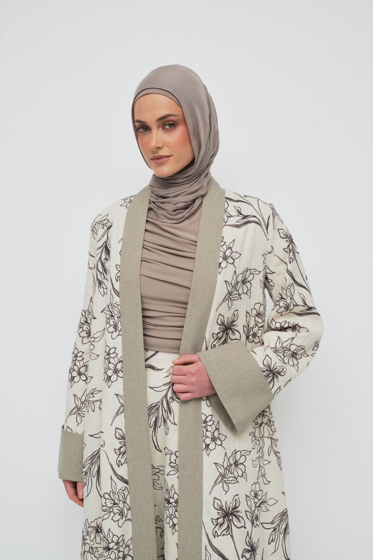 Floral Linen Open Abaya - Natural