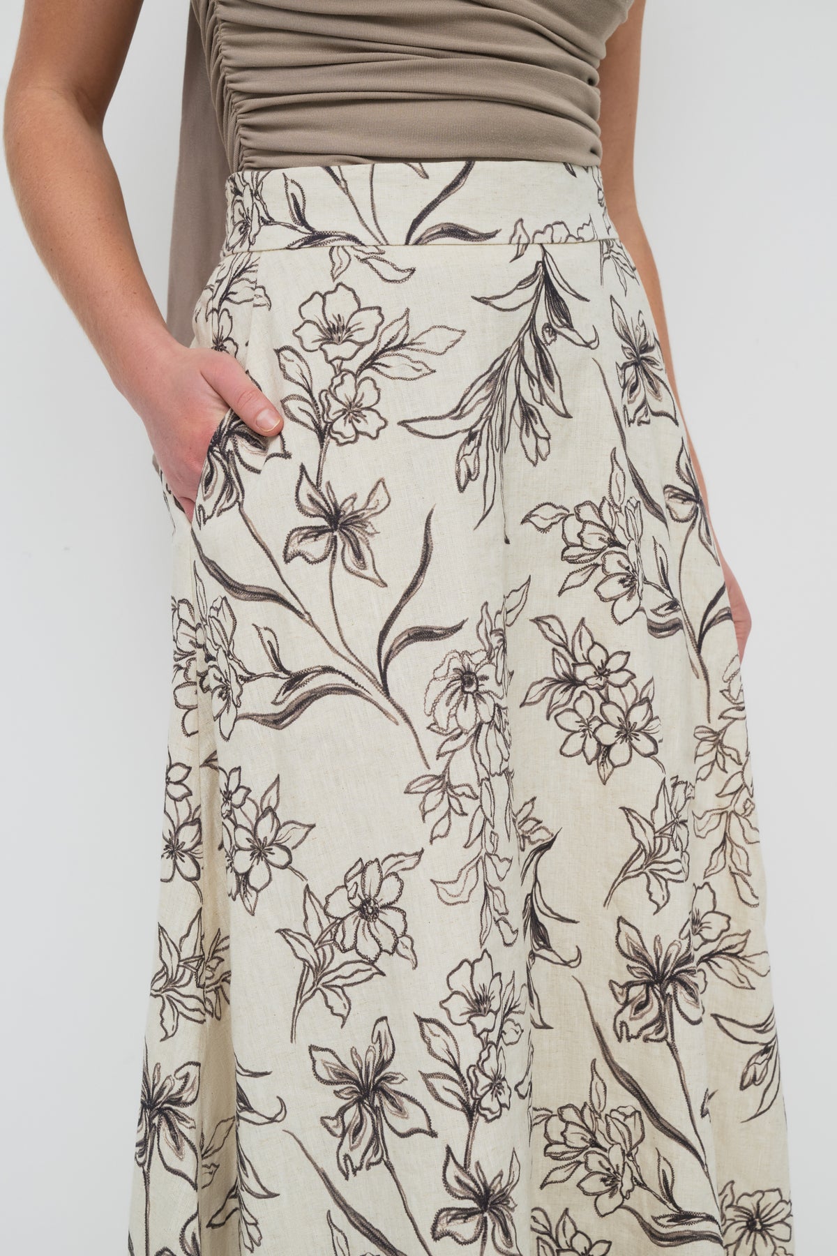 Floral Linen Maxi Skirt - Natural