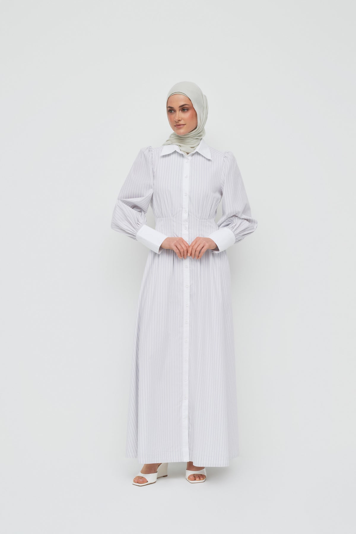 Alani Waist Pleat Shirt Dress - White Stripe