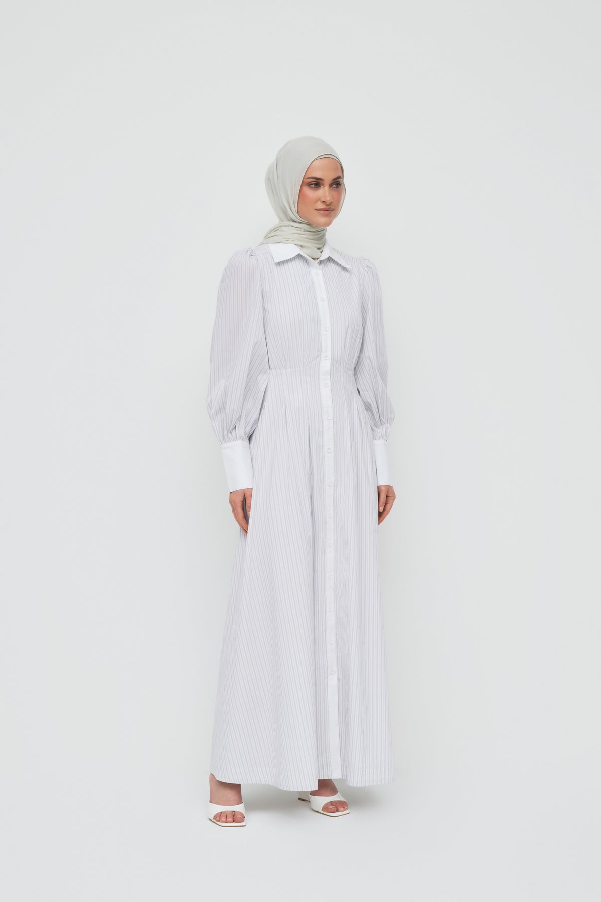 Alani Waist Pleat Shirt Dress - White Stripe